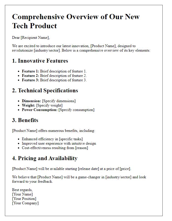 Letter template of comprehensive overview of new tech product elements.