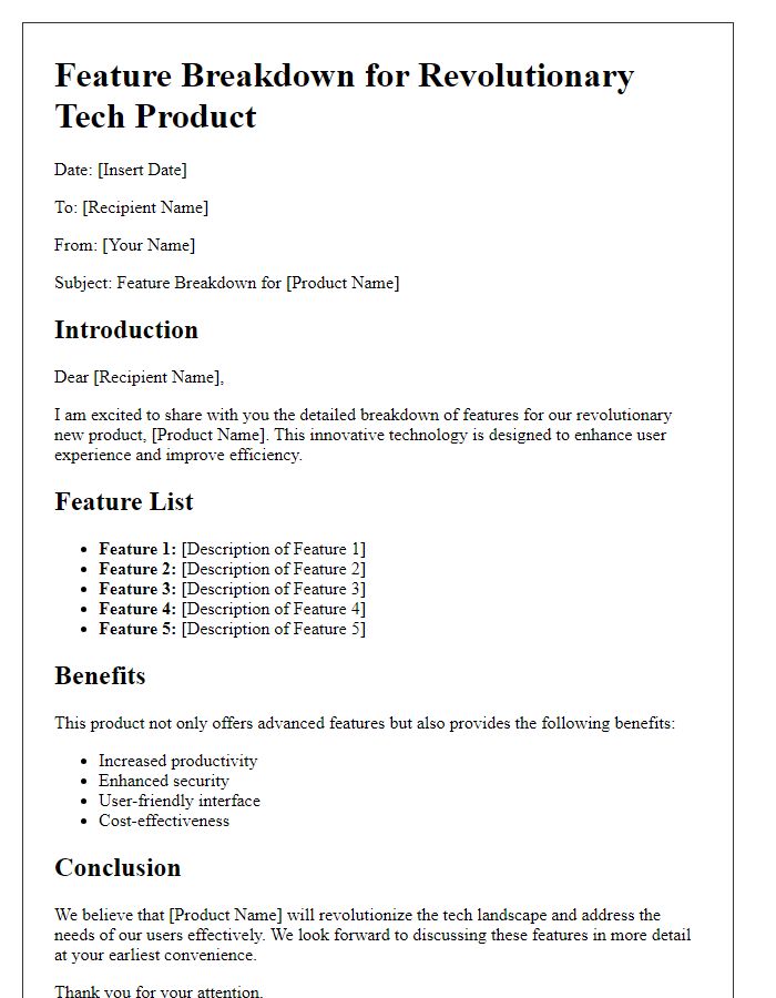 Letter template of feature breakdown for the revolutionary tech product.