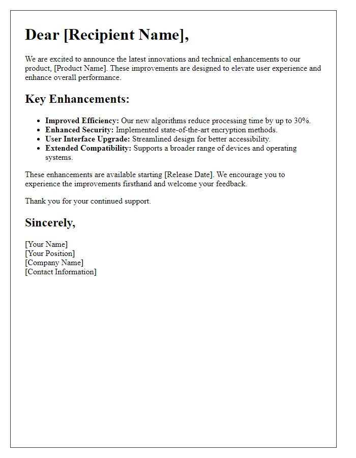 Letter template of technical enhancements for the latest innovation.
