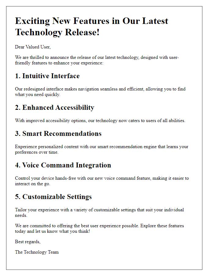 Letter template of user-friendly features for the latest technology release.