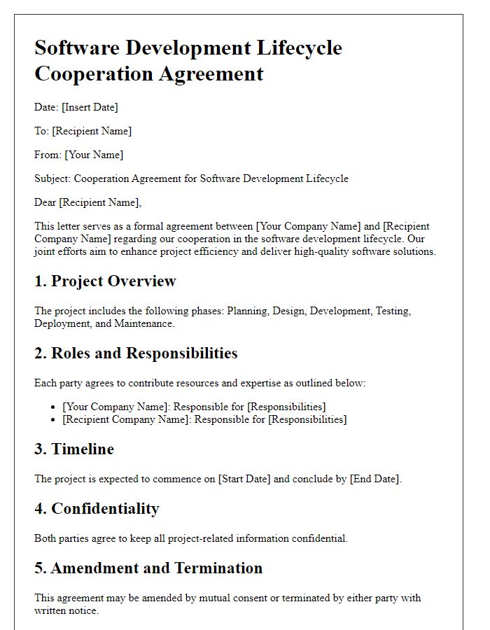 Letter template of software development lifecycle cooperation agreement