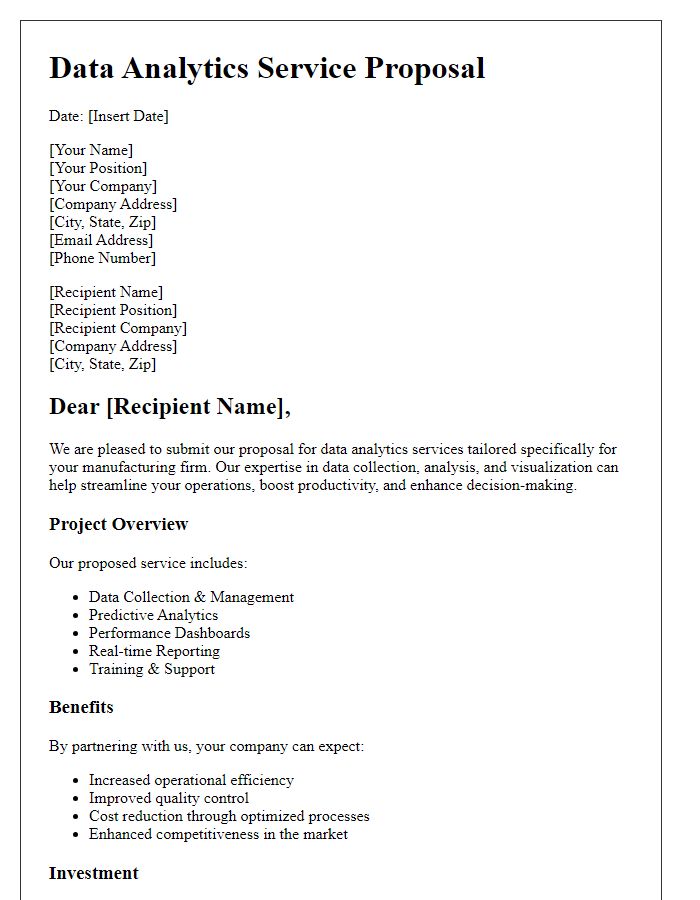 Letter template of data analytics service proposal for manufacturing firms