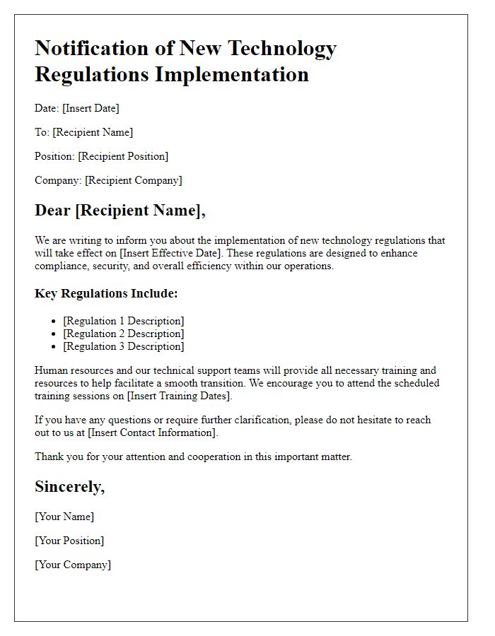 Letter template of implementation of new tech regulations.