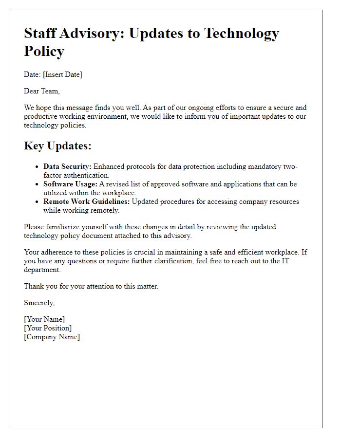 Letter template of staff advisory on tech policy updates.