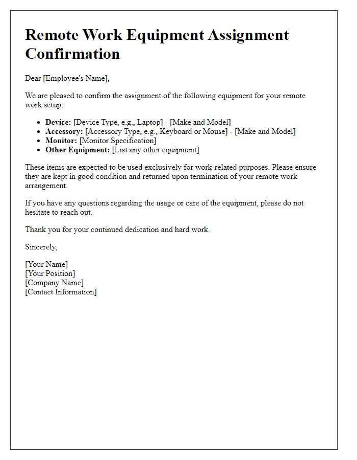 Letter template of remote work equipment assignment confirmation