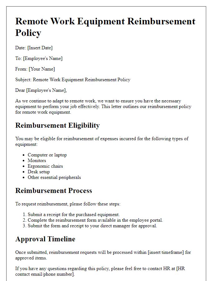 Letter template of remote work equipment reimbursement policy