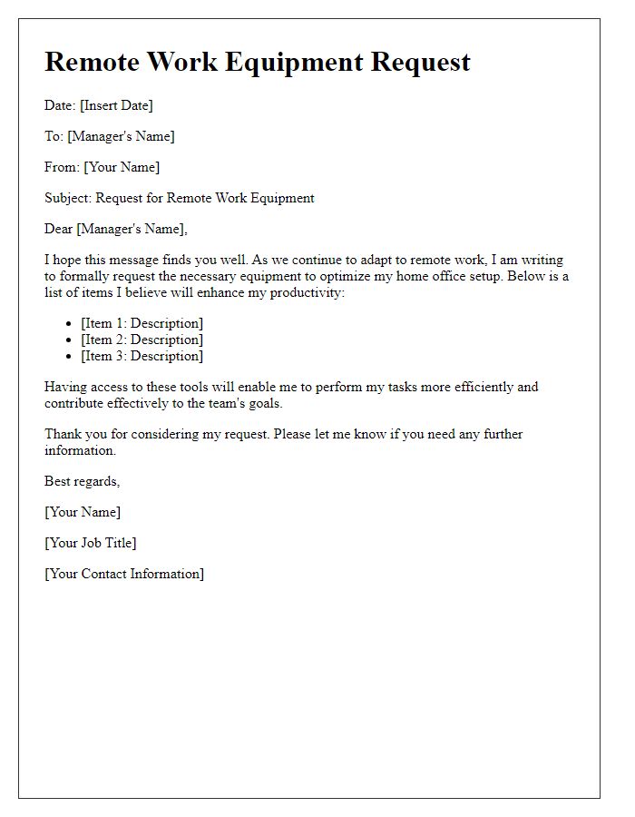 Letter template of remote work equipment request for employees