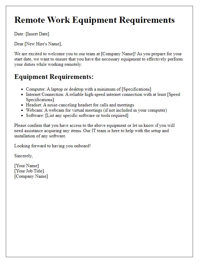 Letter template of remote work equipment requirements for new hires