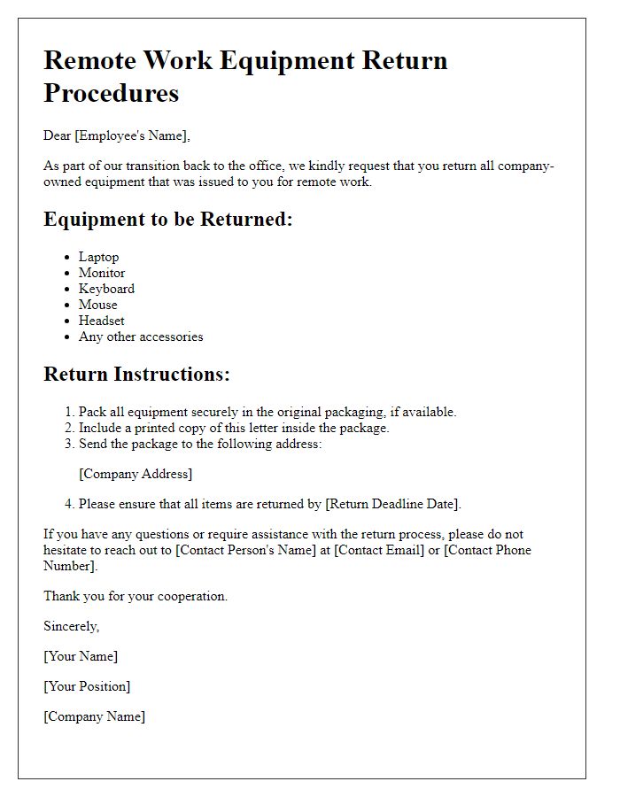 Letter template of remote work equipment return procedures