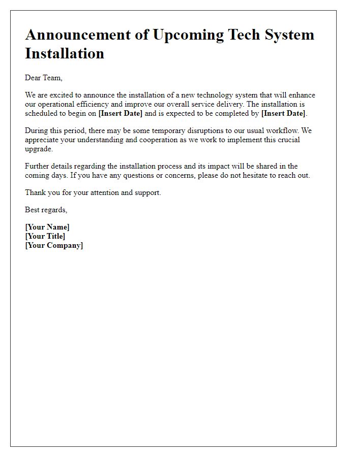 Letter template of announcement for upcoming tech system installation