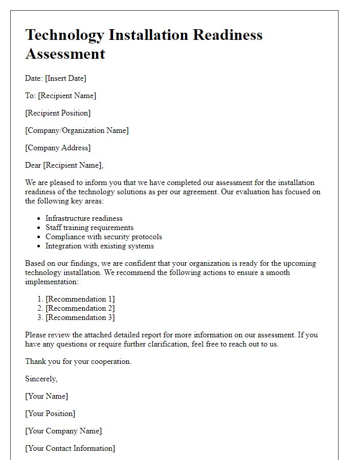 Letter template of assessment for technology installation readiness