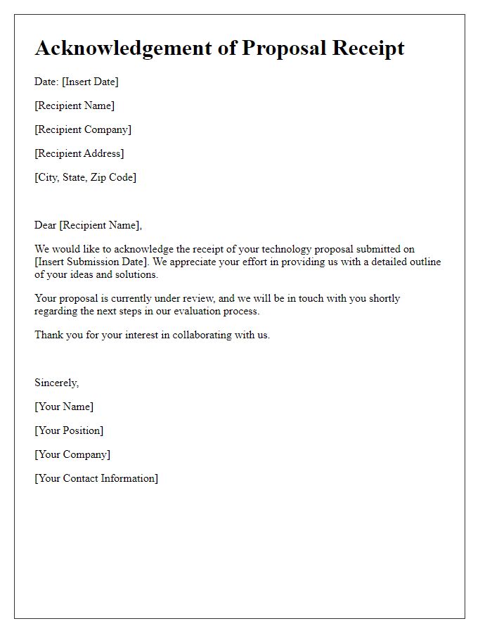 Letter template of acknowledgement for tech proposal receipt.