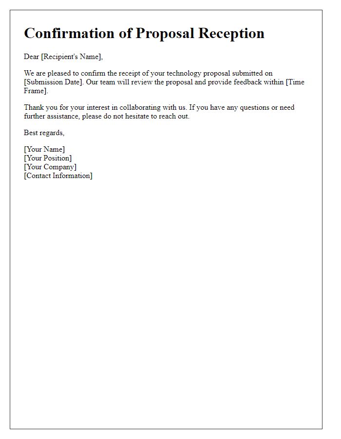 Letter template of confirmation of technology proposal reception.