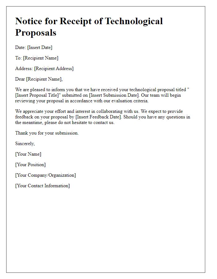 Letter template of notice for receipt of technological proposals.