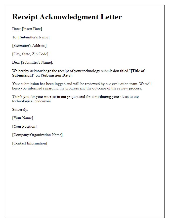 Letter template of receipt acknowledgment for technology submissions.