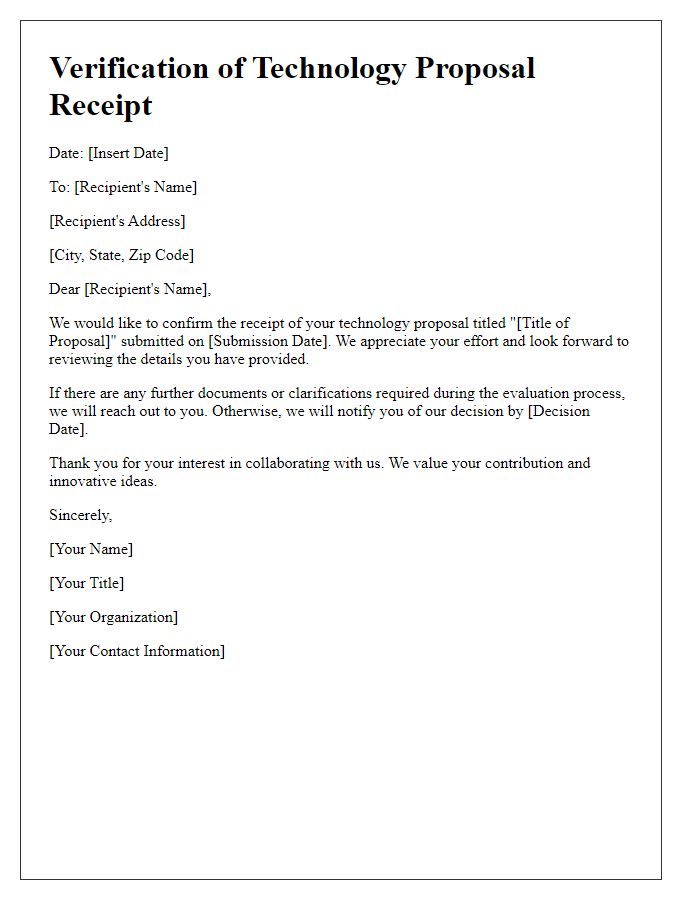 Letter template of verification for received technology proposals.