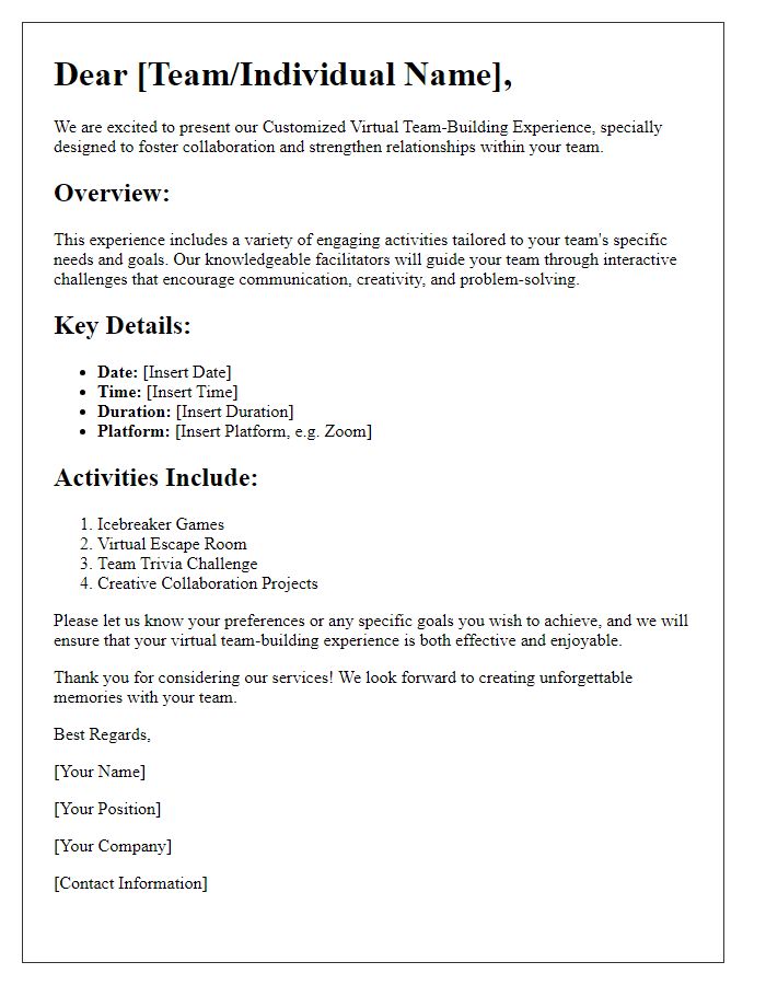 Letter template of Customized Virtual Team-Building Experience