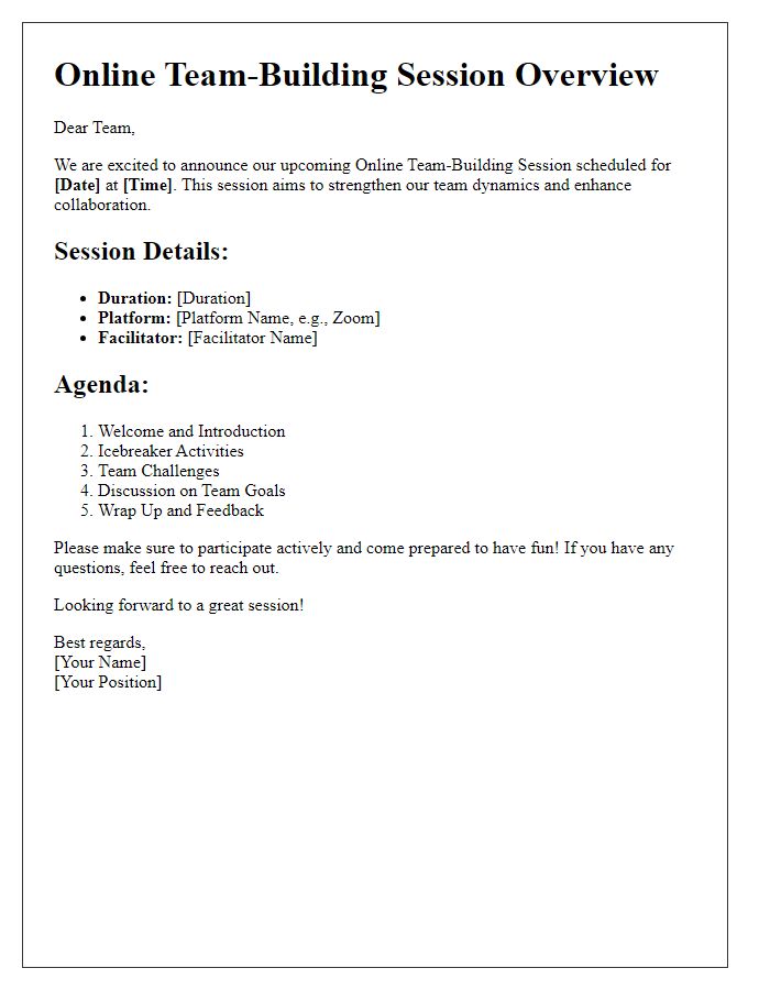 Letter template of Online Team-Building Session Overview