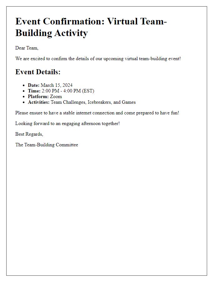 Letter template of Virtual Team-Building Event Confirmation