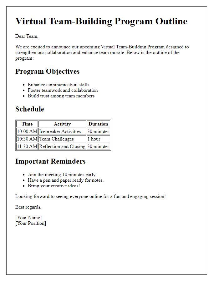 Letter template of Virtual Team-Building Program Outline