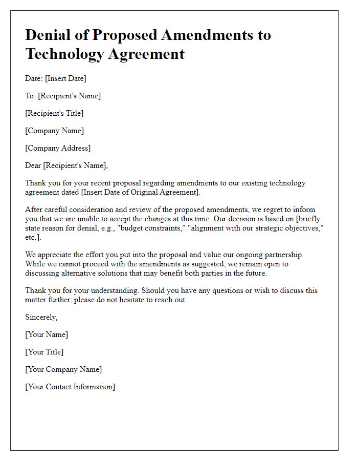 Letter template of denial for proposed amendments in technology agreement