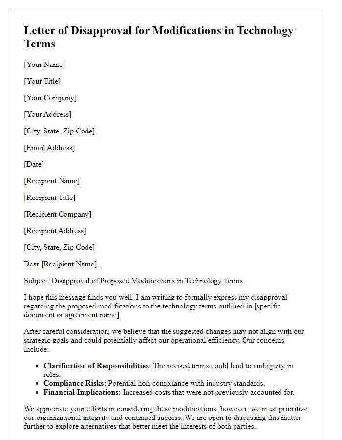 Letter template of disapproval for modifications in technology terms