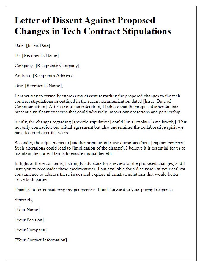 Letter template of dissent against proposed changes in tech contract stipulations