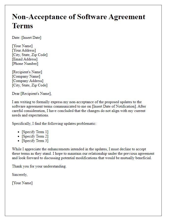 Letter template of non-acceptance for updates in software agreement terms