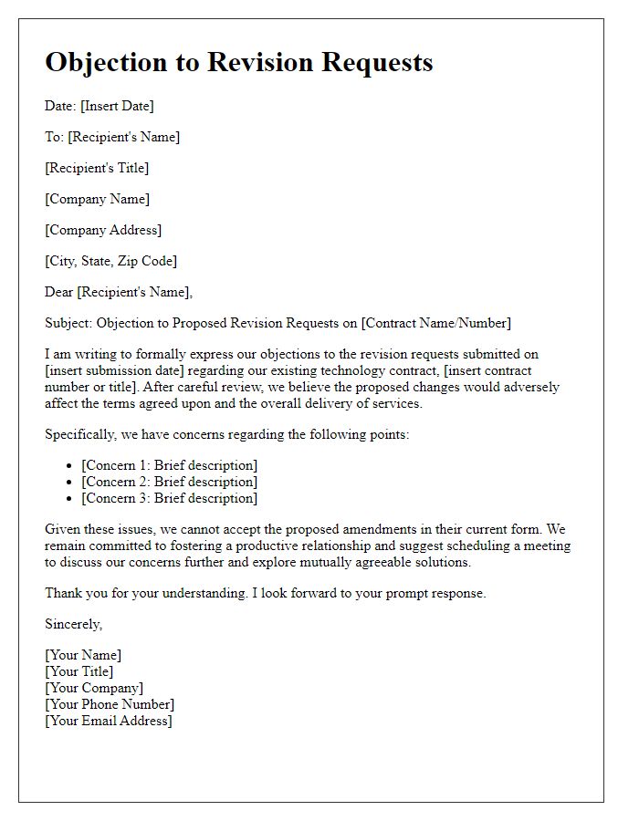 Letter template of objection to revision requests in tech contract