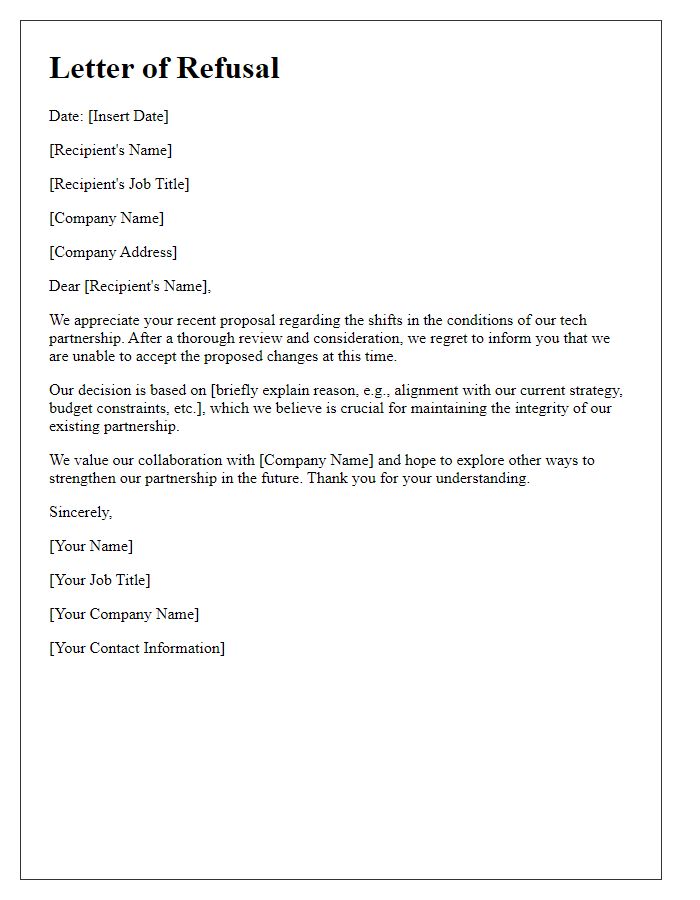 Letter template of refusal regarding shifts in tech partnership conditions