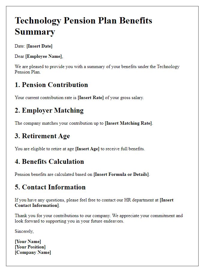 Letter template of technology pension plan benefits summary.