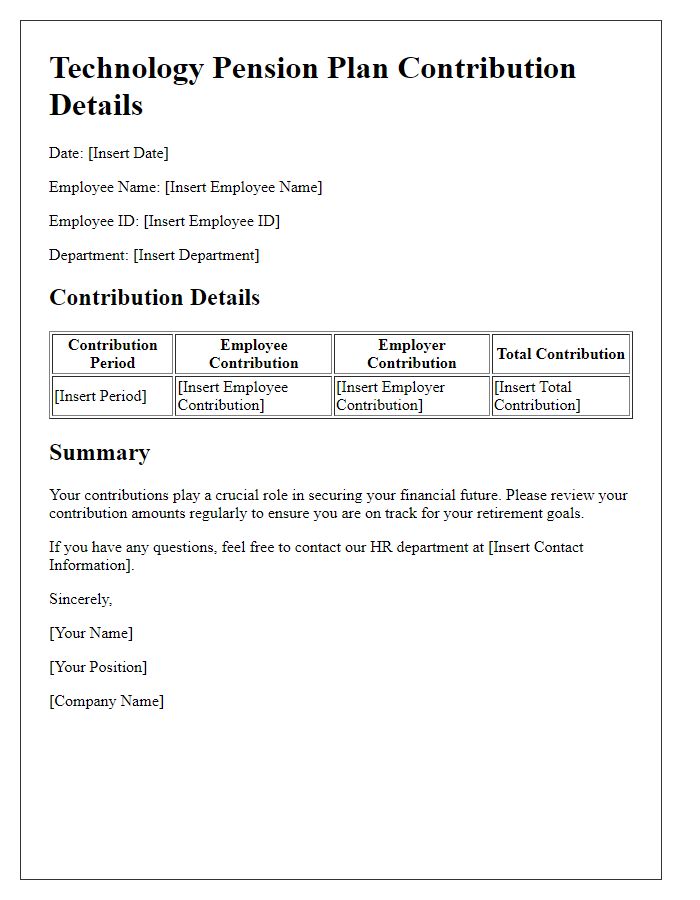 Letter template of technology pension plan contribution details.