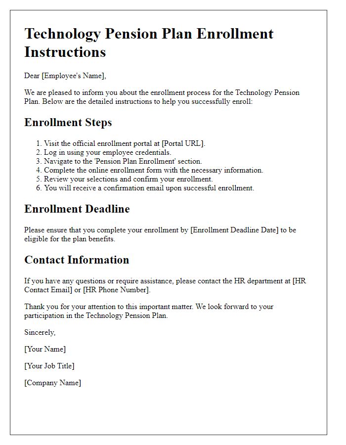 Letter template of technology pension plan enrollment instructions.