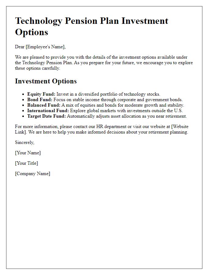 Letter template of technology pension plan investment options.