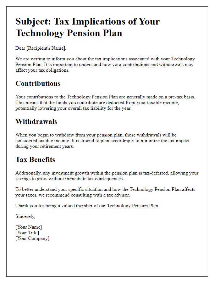 Letter template of technology pension plan tax implications.