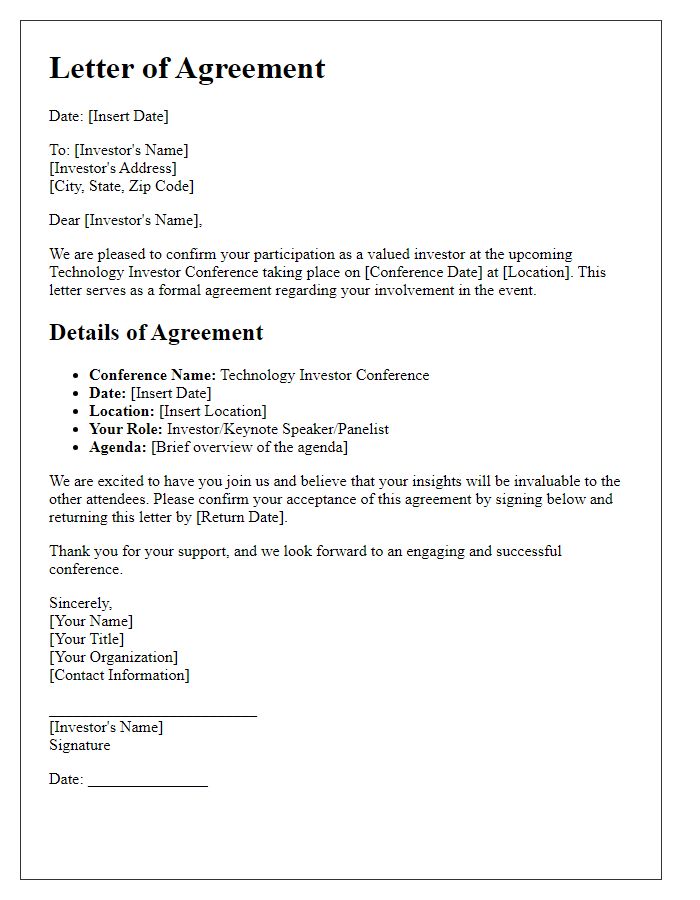 Letter template of agreement for technology investor conference