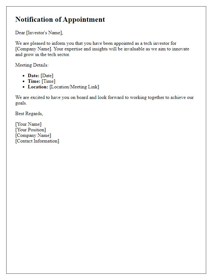 Letter template of notification for tech investor appointment