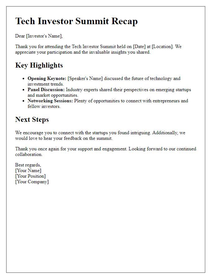 Letter template of recap for tech investor summit