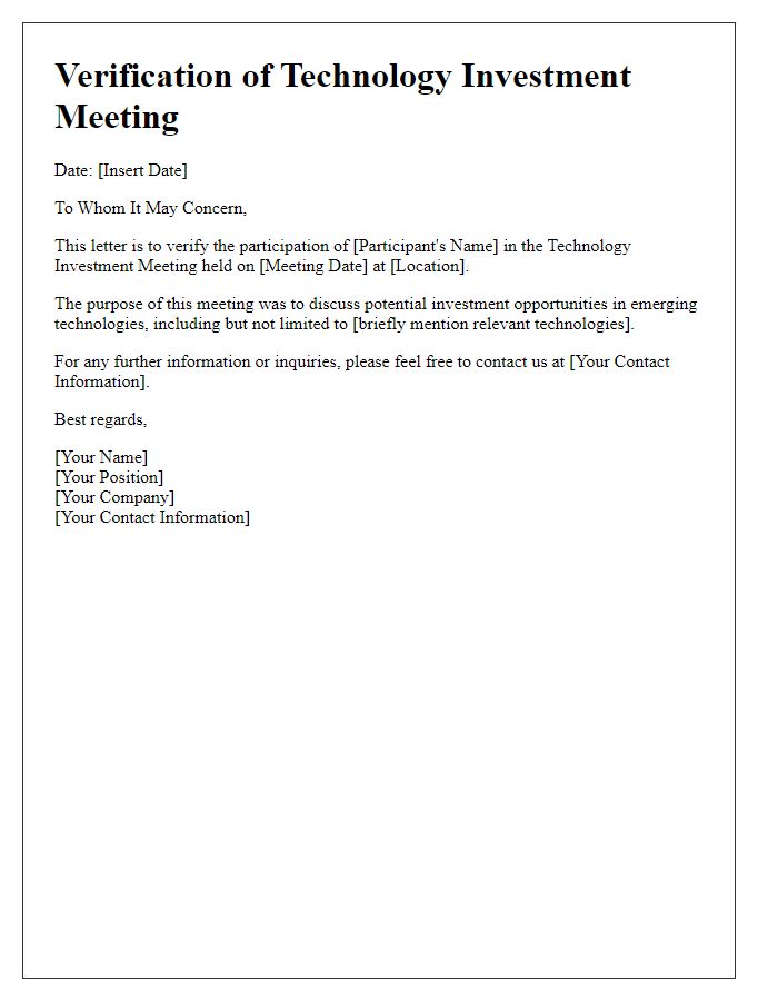 Letter template of verification for technology investment meeting