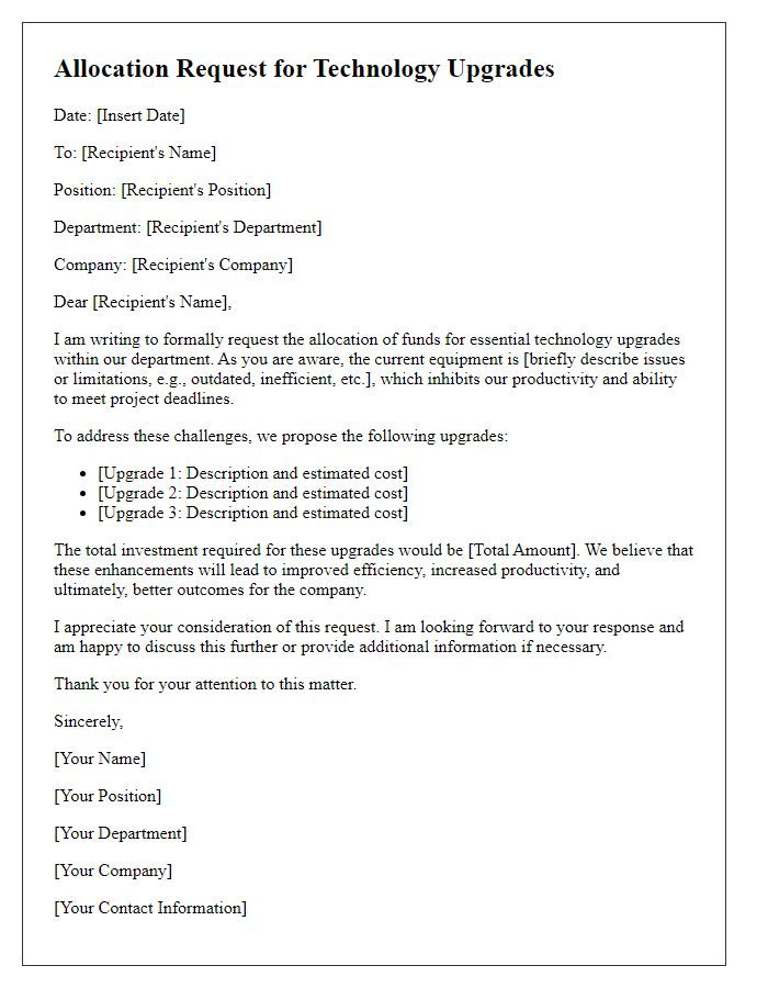 Letter template of allocation request for tech upgrades