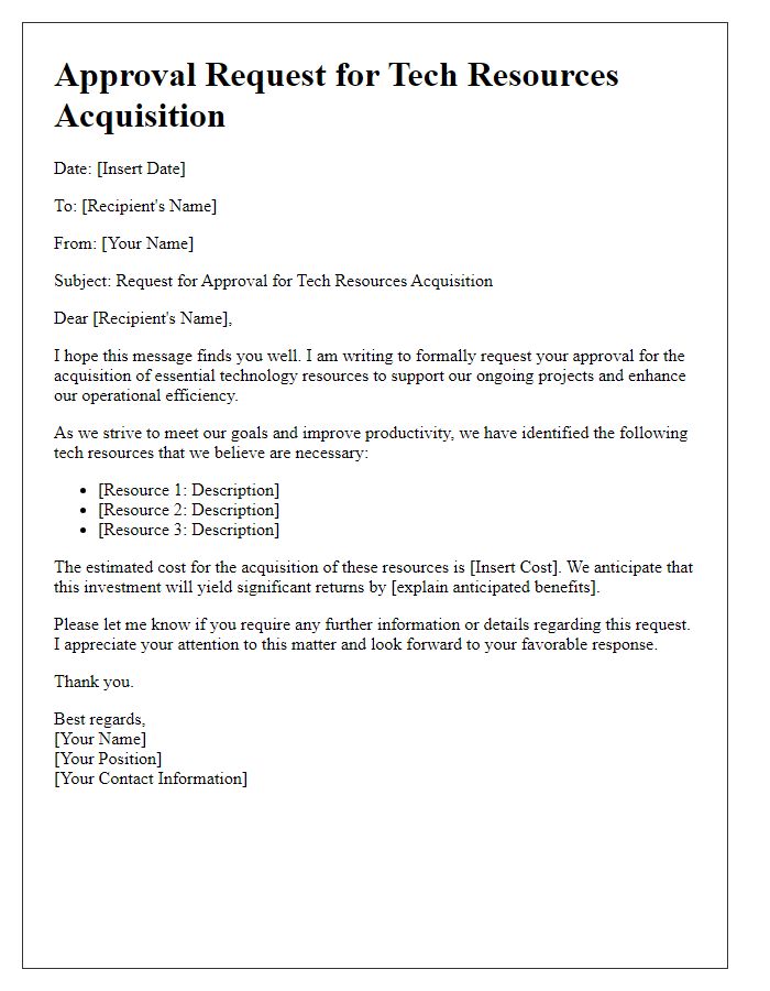 Letter template of approval request for tech resources acquisition