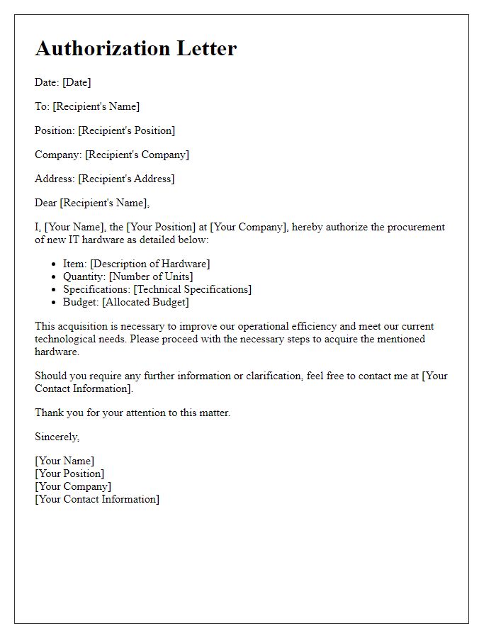 Letter template of authorization for acquiring new IT hardware