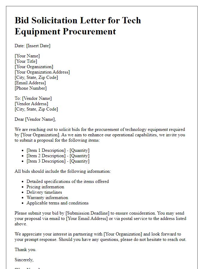 Letter template of bid solicitation for tech equipment procurement