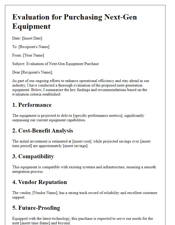 Letter template of evaluation for purchasing next-gen equipment