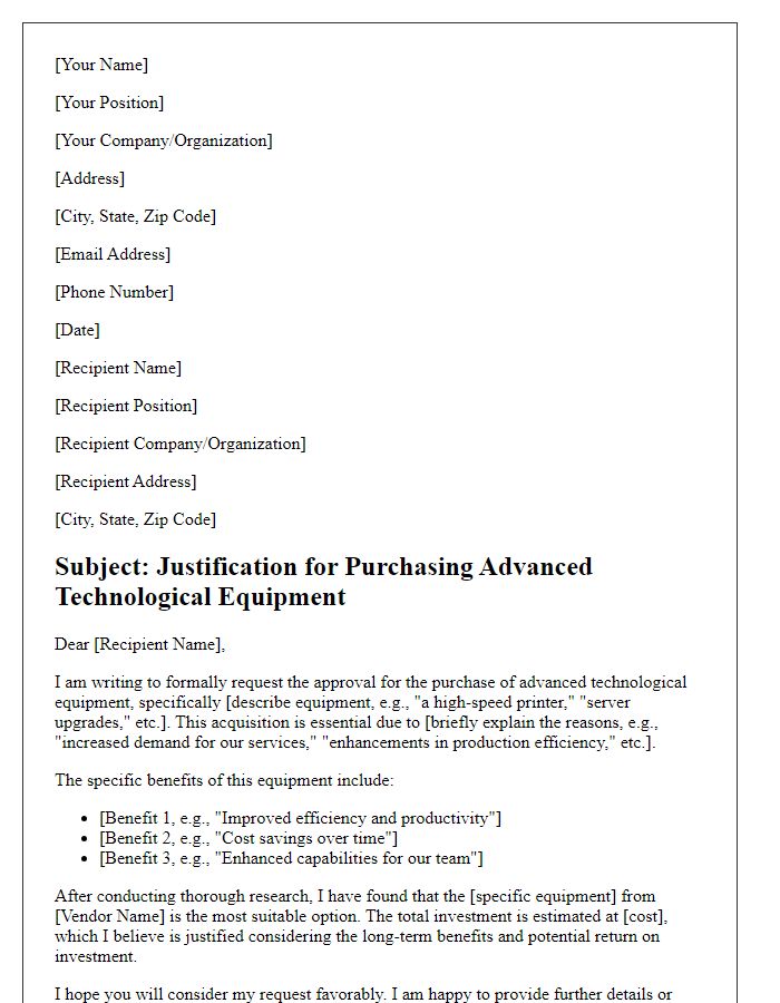 Letter template of justification for purchasing advanced technological equipment