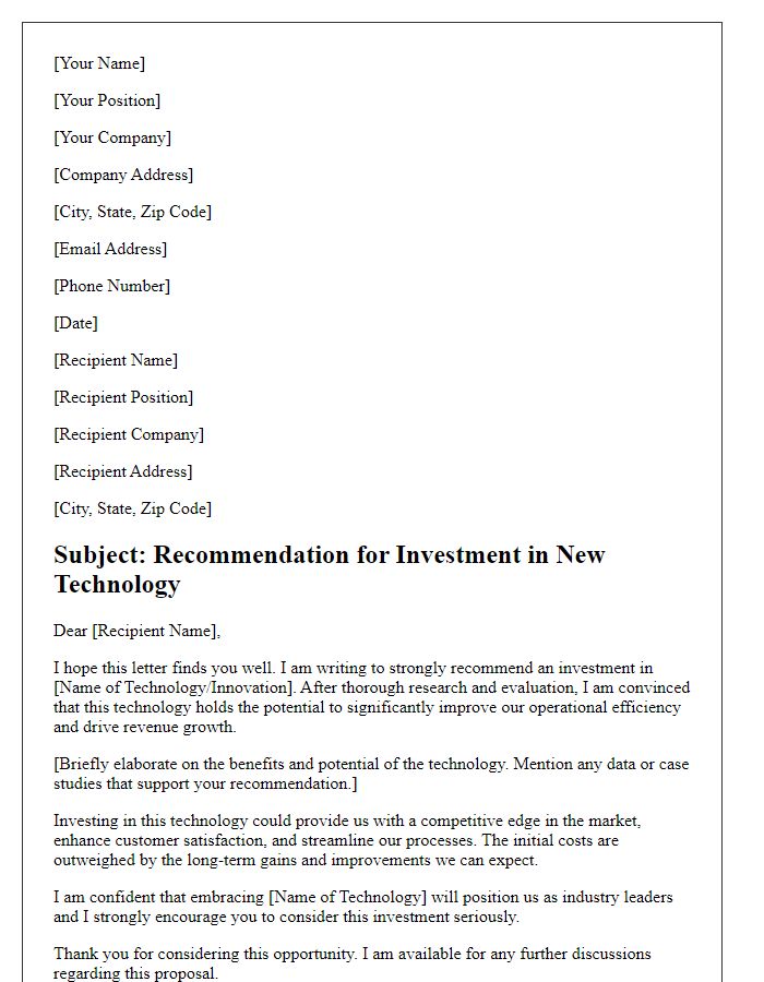 Letter template of recommendation for investing in new technology