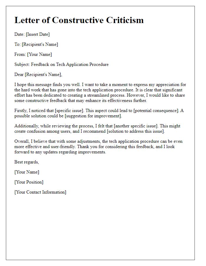 Letter template of constructive criticism for tech application procedure