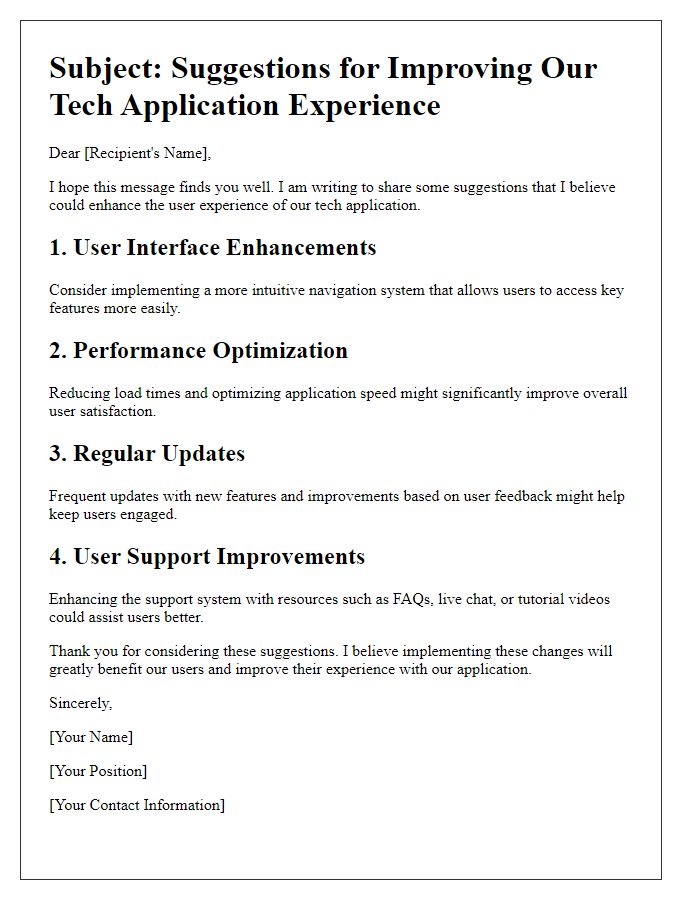 Letter template of suggestion for improving tech application experience