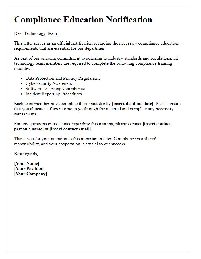 Letter template of necessary compliance education for technology teams