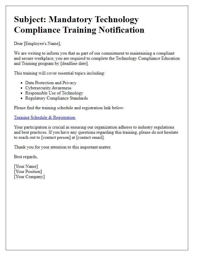 Letter template of obligatory tech compliance education and training